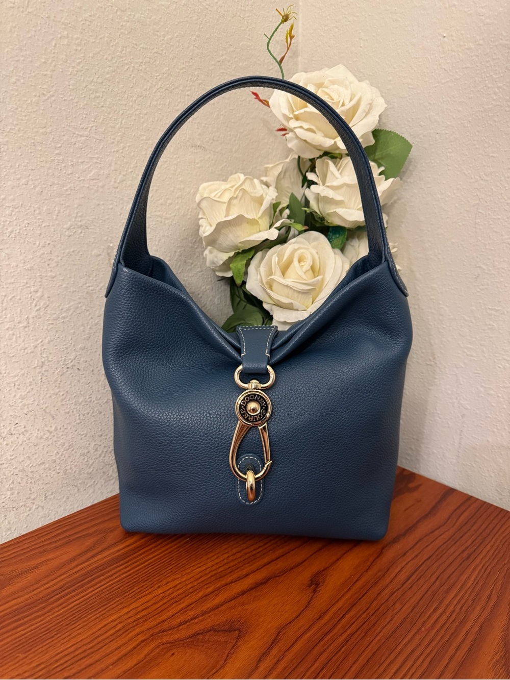 Dooney & Bourke Blue Leather Shoulder Hobo with Gold Hardware